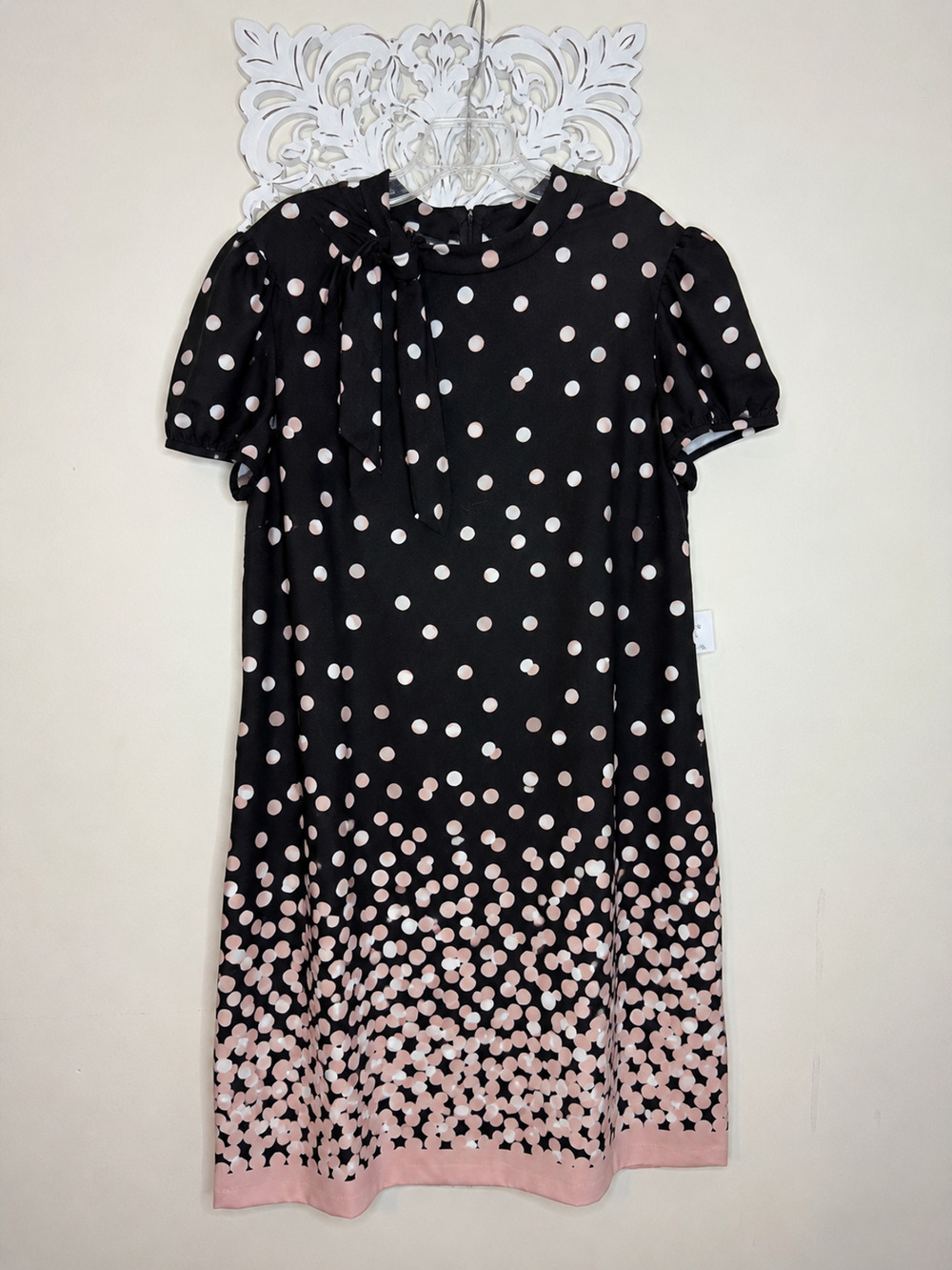 NWT London Style Collection Dress Size 18 Black Pink Polka Dot Neck Bow Midi